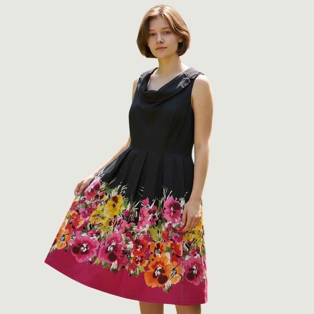Spense Woman Black Floral Border Print Pleated Fit Flare Dress 16W Cowl Neck